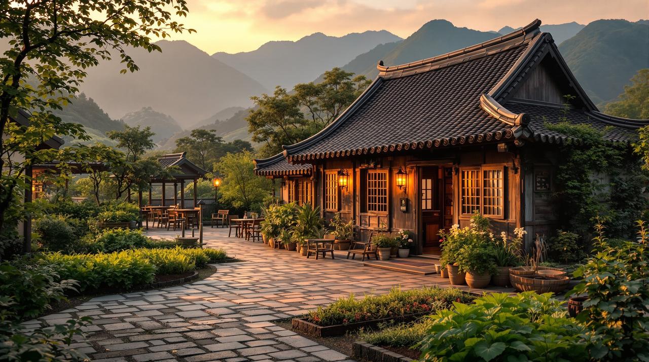 向往的生活蘑菇屋庭院,夕阳下的乡村田园风光与木屋