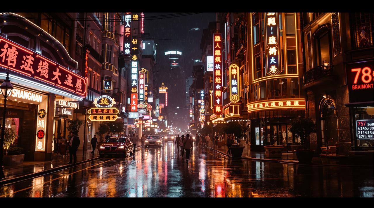繁花剧场版电影海报风格图,90年代上海夜晚霓虹灯下的街道场景