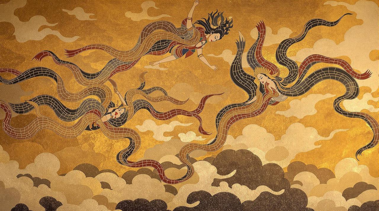 敦煌莫高窟壁画风格的电影概念图,飞天与沙漠中的佛教艺术